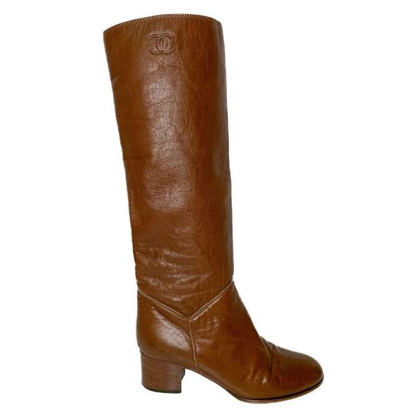 Chanel CC Logo Marron Leather Knee High Heeled Tall Boots EU 39.5 US 8.5-9 Brown - Picture 1 of 11